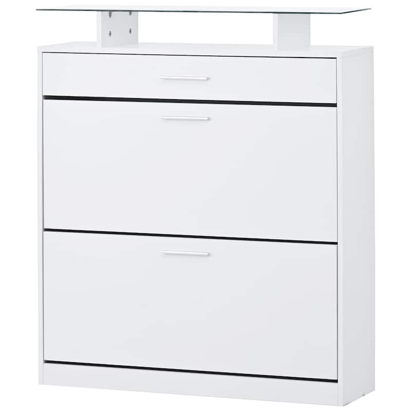 Slim Hidden Shoe Cabinet with 2 Flip Drawers, Tempered Glass Top Shoe Storage Cabinet, Freestanding LED Light Shoe Rack