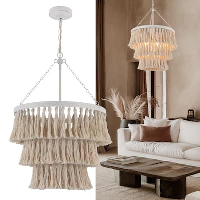 Stella Modern Farmhouse 4-Light Chandelier Boho Coastal 3-Tier Lights for Dining Room Bedroom - D18.5" x H28"