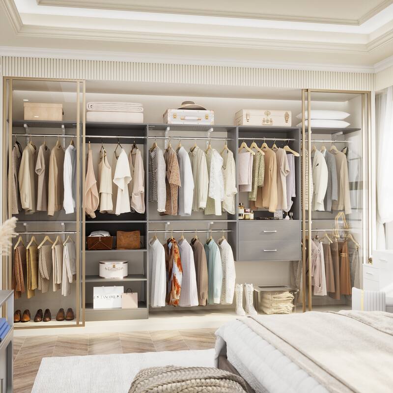 Closet System with 2 Sets, 154'' Walk-in Closet Organizer System with 2 Drawers & 8 Hanging Rods & 6 Reversible Shelf Towers