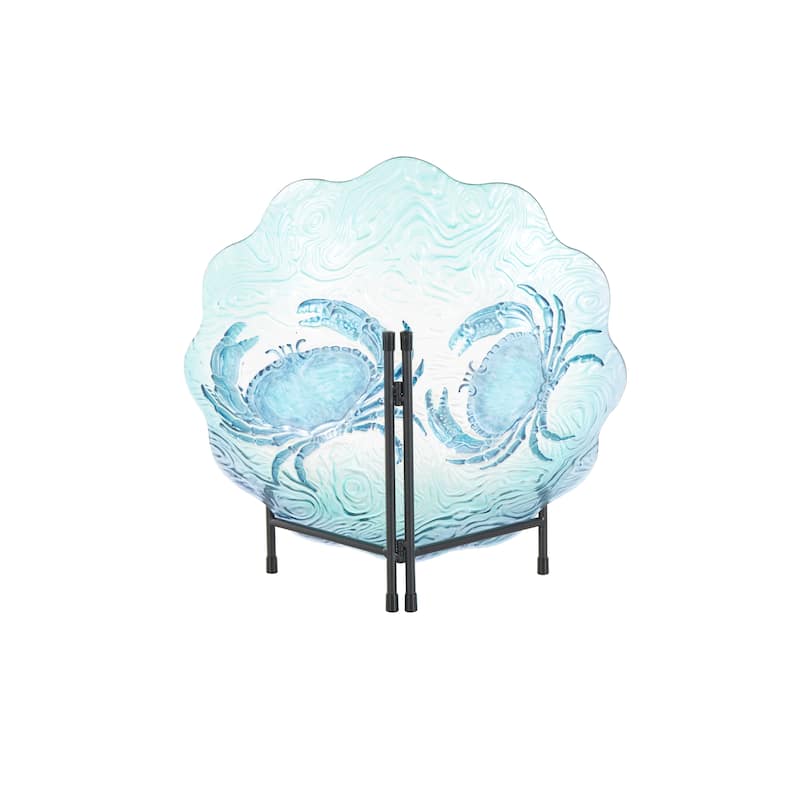 Blue Glass Ombre Decorative Plate Crab Charger with Wavy Edge and Swirl Patterns