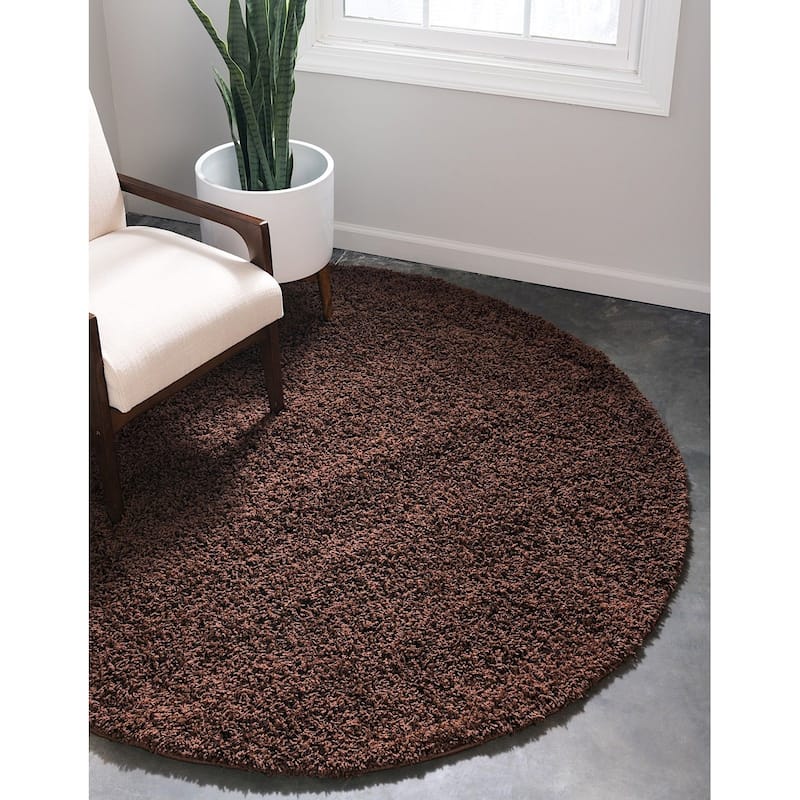 Shag Laurian Collection Area Rug - 7' Round - Chocolate Brown