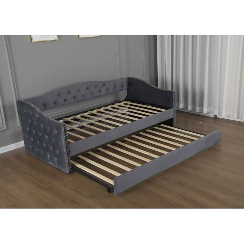 Twin Size Upholstered Daybed with Trundle, USB Charging, Wood Slat Support & Plush Velvet Fabric - Gray
