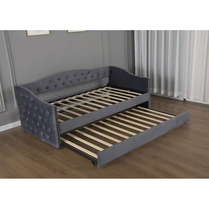 Twin Size Upholstered Daybed with Trundle and USB Charging Design, Sturdy Wood Slat Support, Wood Bed Frame,Plush Velvet Fabric