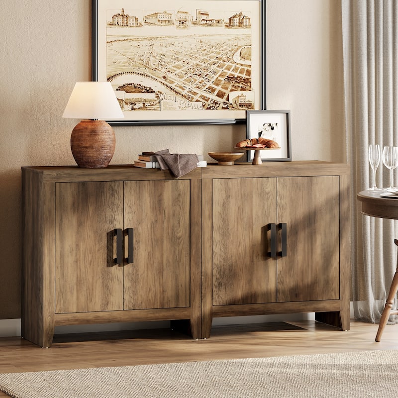 WAMPAT Farmhouse Buffet Cabinet with Door, Kitchen Sideboard for Dining & Living Room - 2 PCS-Brown