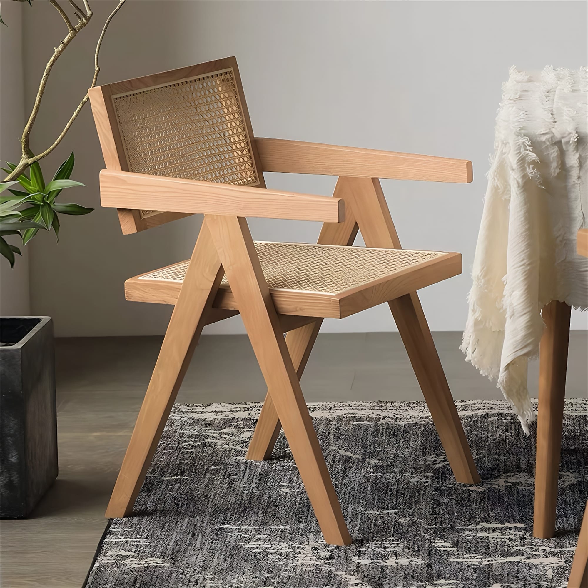 Modern Mid-Century Dining Chair with Rattan Accent and Armrests