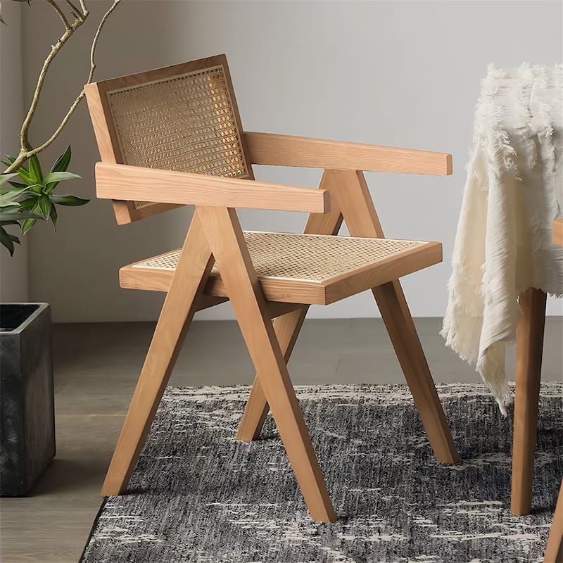 Modern Mid-Century Dining Chair with Rattan Accent and Armrests - Natural