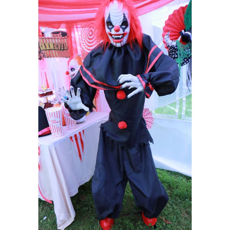Haunted Hill Farm 5-ft. Animatronic Clown, Indoor/Covered Outdoor Halloween Decoration, Red LED Eyes, Poseable, Hell Raiser