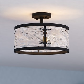 Wilder 3-Light Matte Black Modern Drum Semi Flush Mount Lighting Ceiling Fixture, White Swirl Glass Shade