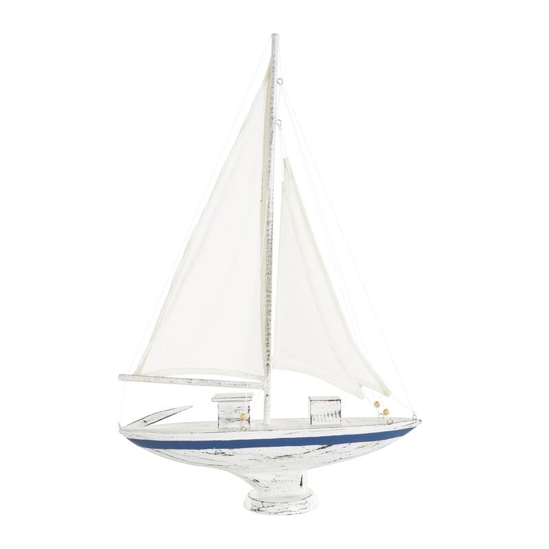 Wood Sail Boat Distressed Decorative Sculpture with Brown Beaded Accents - White - Roche River Decor - White