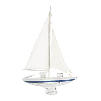 Wood Sail Boat Distressed Decorative Sculpture with Brown Beaded Accents - White - Roche River Decor