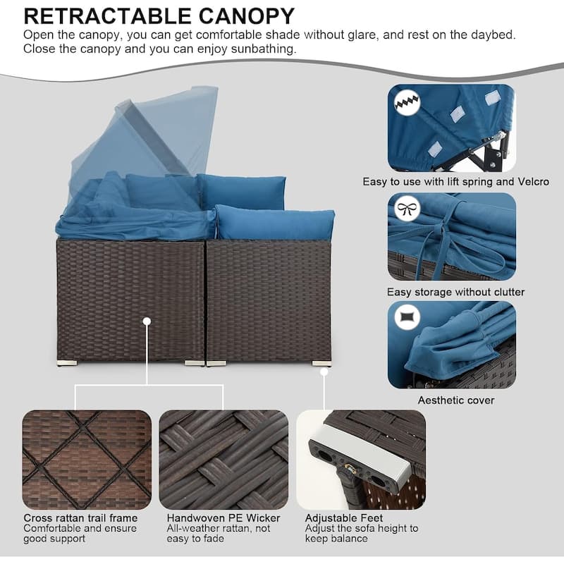 EROMMY 6-Piece Patio Furniture Set, Rattan Daybed with Canopy and Adjustable Backrest