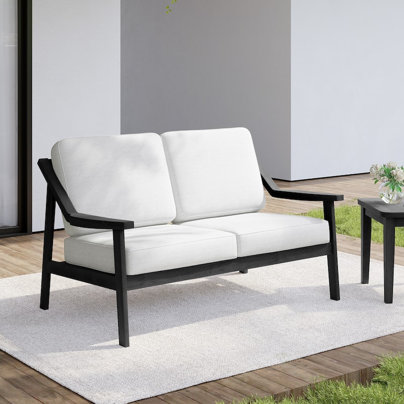 Outdoor Wood Teak Patio 2 Seater Loveseat with Cushion - Dark Wood - Beige