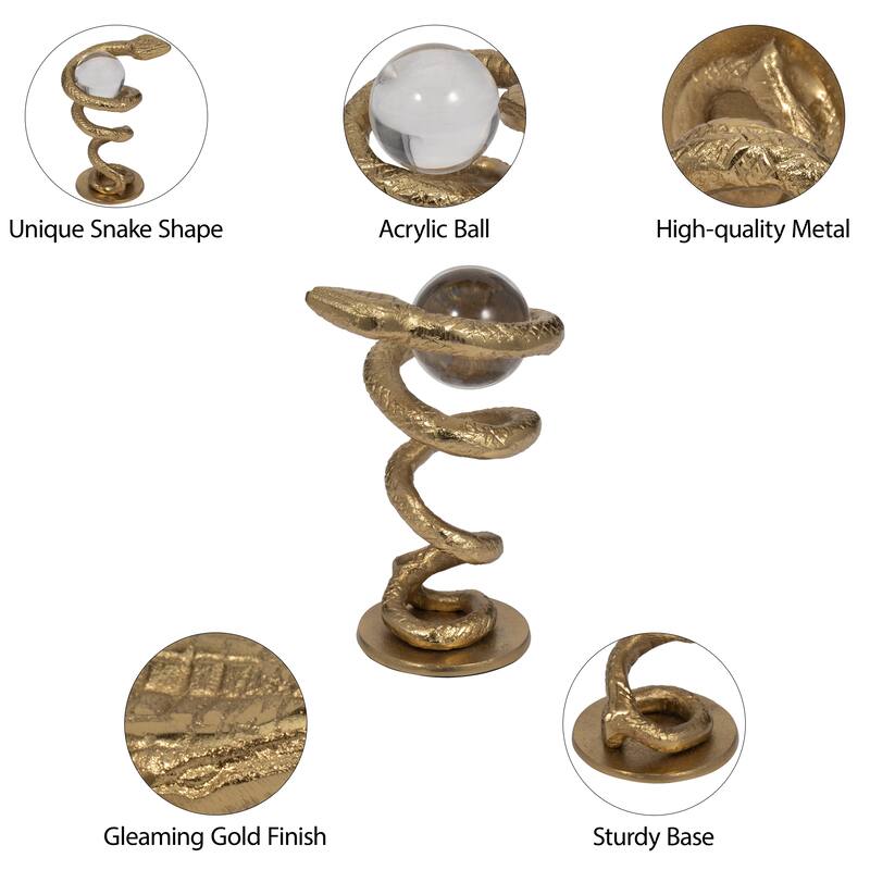 Sagebrook Home's Gold Novelty 7'' Metal Snake Coil Figurine with Acrylic Ball - 5" x 4" x 7"