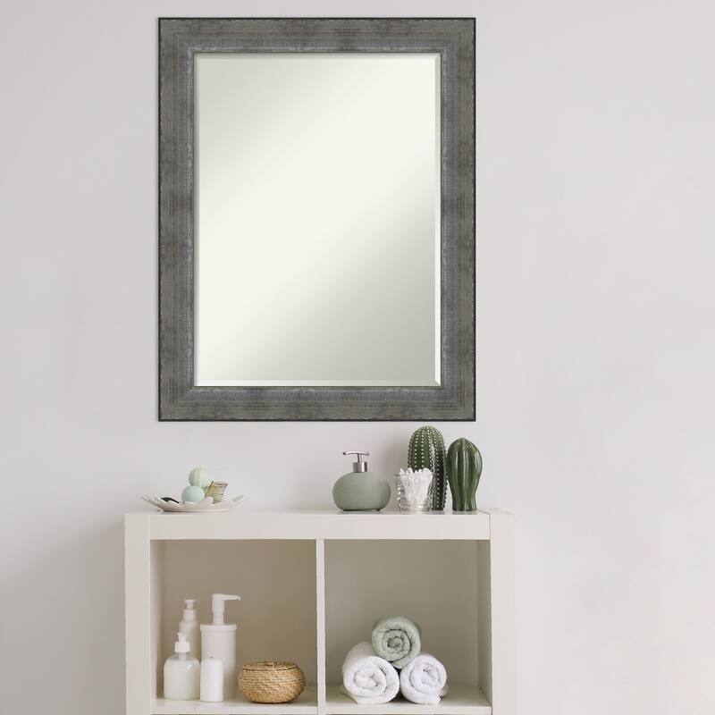 Beveled Wood Bathroom Wall Mirror - Forged Pewter Frame - Forged Pewter