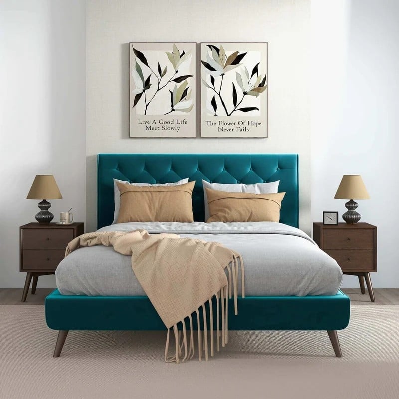 Queen Size Velvet Platform Bed with Tufted Headboard and Mid-Century Design