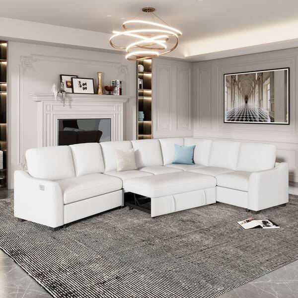 Sectional Sofa PullOut Sleeper Bed LShape Couch with USB Bed Bath