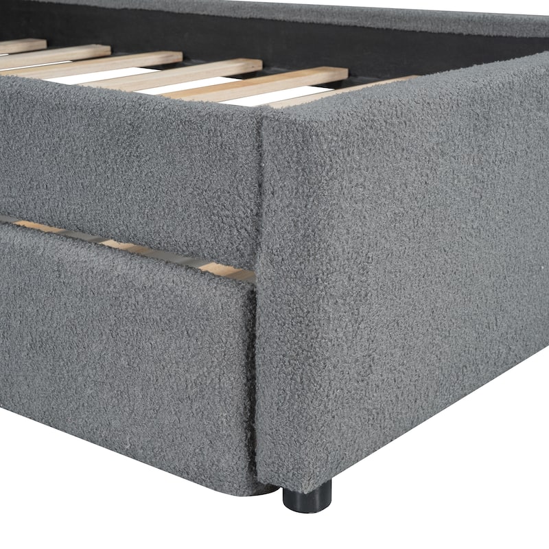 Plush Teddy Fleece Upholstered Twin Bed Frame With Pull-Out Trundle – Soft Platform Design For Added Comfort‌