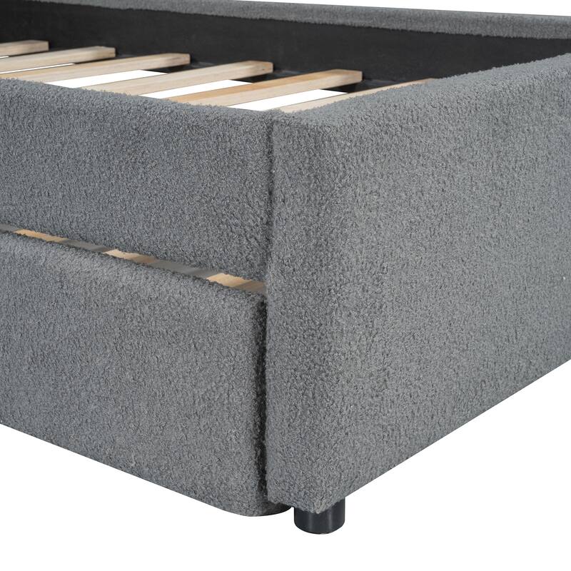 Twin Size Teddy Fleece Upholstered Platform Bed with Trundle and LED Lights, Gray