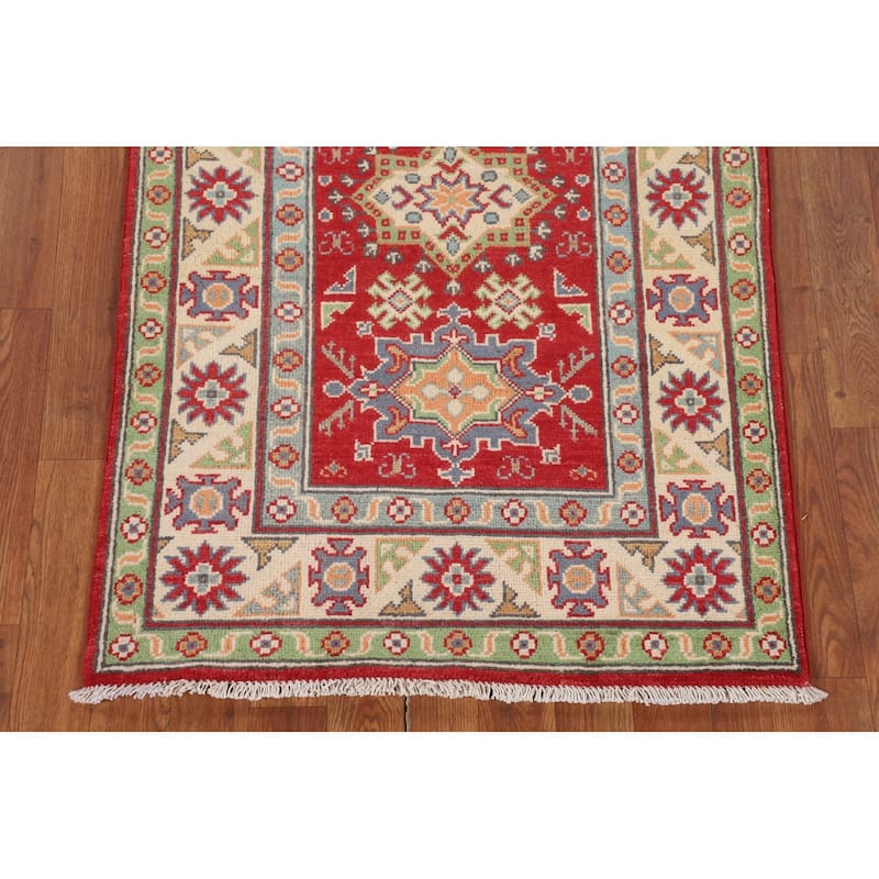 Geometric Kazak Foyer Rug Hand-Knotted Oriental Red Wool Carpet - 2'7" x 4'2"