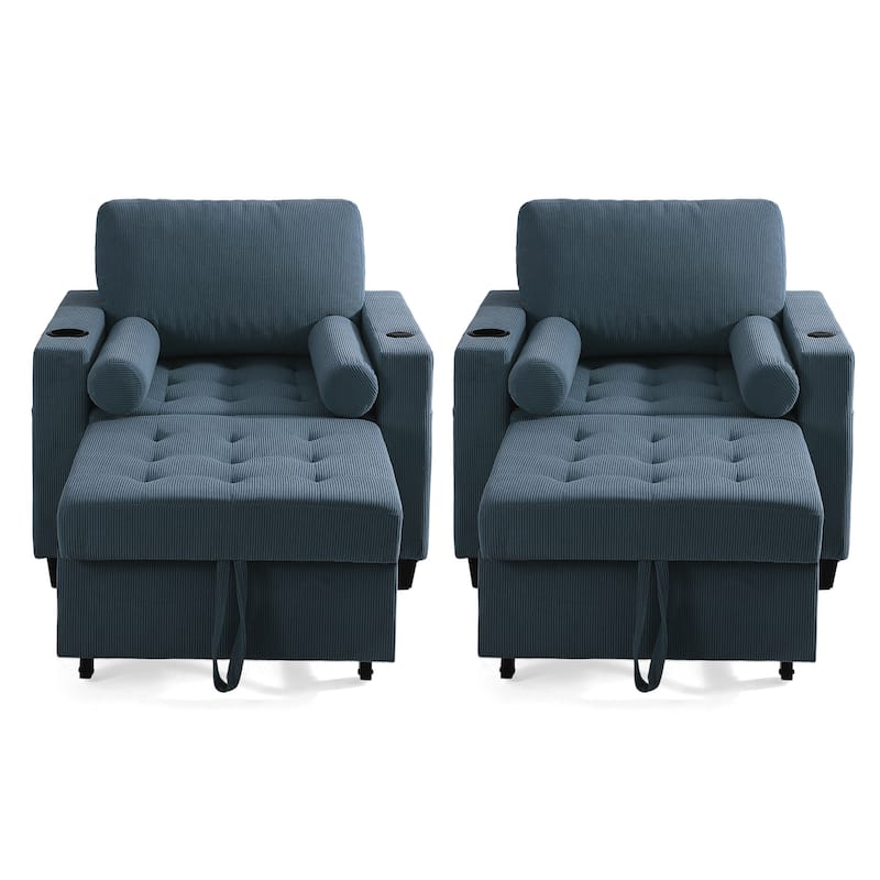 2 Set 3-in-1 Adjustable Recline Convertible Chair Bed Sleeper with USB Port