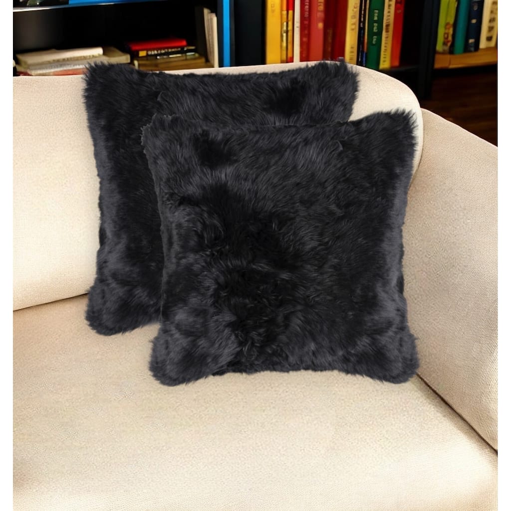Set of Two 18" Black Sheepskin Throw Pillows