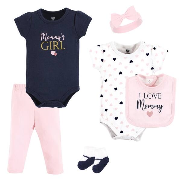 slide 1 of 1, Hudson Baby Infant Girl Cotton Layette Set, Girl Mommy Pink Navy 0-3 Months - Girl Mommy Pink Navy