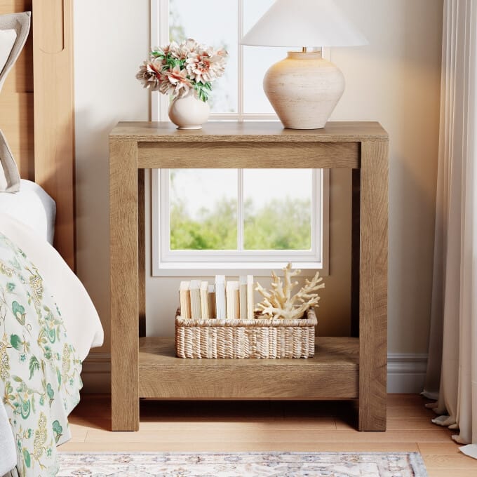 2-Tier Wooden Side Table, Narrow End Table For Small Spaces