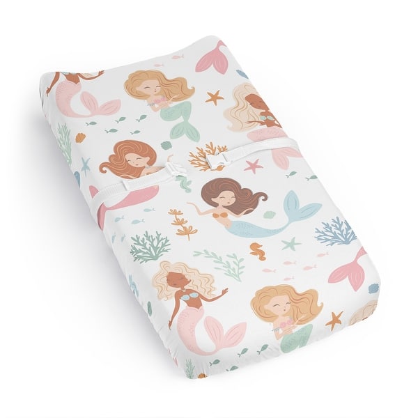 slide 2 of 6, Sweet Jojo Designs Ocean Mermaids Girl Changing Pad Cover Sheet Pink Teal Under the Sea Underwater Theme Fairytale Fish Colorful