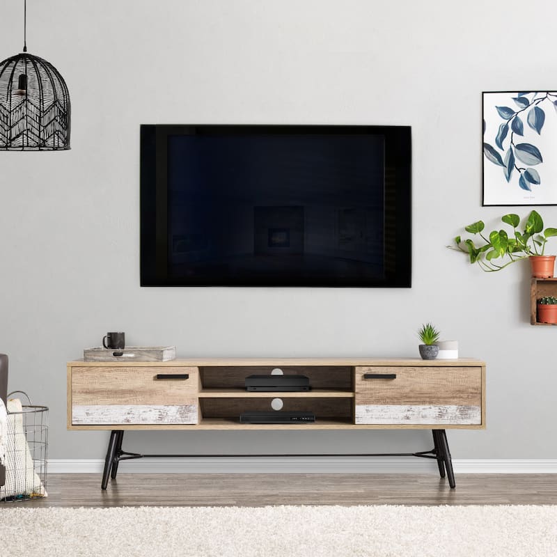 Aurora Mid Century TV Bench with Doors, TVs up to 85"