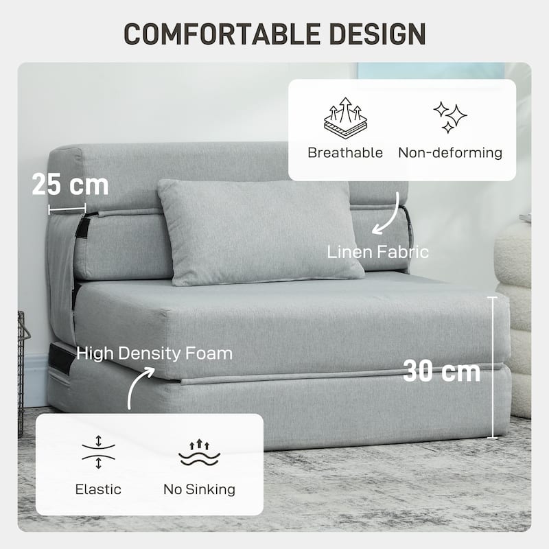 HOMCOM Folding Sofa Bed, Sleeper Chair with Pillow, Modern Linen Convertible Chair Bed, Fold Out Floor Futon Couch