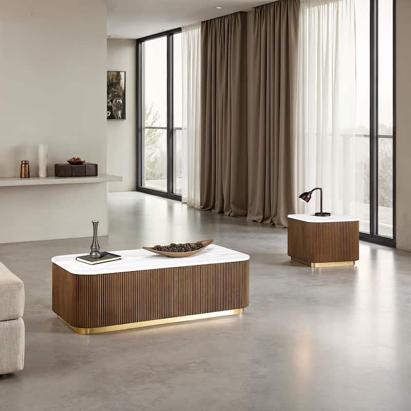 Modern Genuine Marble Top Coffee Table with Accent Gold Stainless Steel Base - White+Brown(3PCS) - 1 Ractangular+2 Square