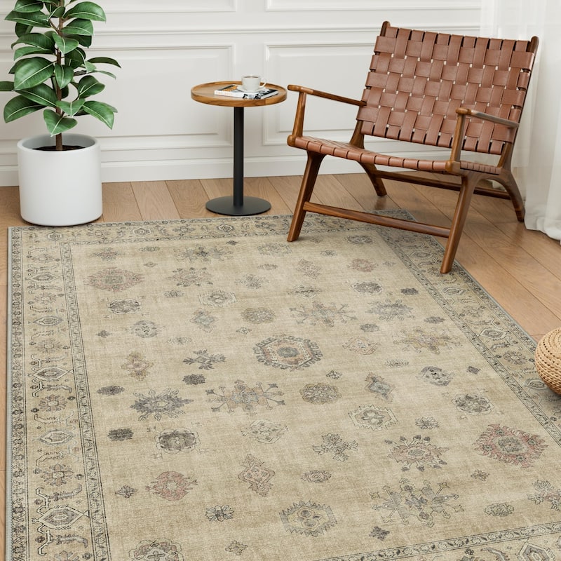 Mcow Vintage Floral Low-Pile Machine Washable Non-Slip Area Rug - 5'X7' - sage - Rectangle