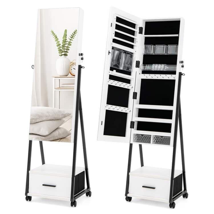 Full-Length Mirror Jewelry Cabinet for Storage and Organization - 16.5" x 15" x 62"(L x W x H) - White
