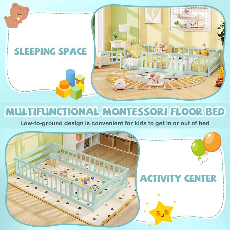 Costway Twin Size Floor Bed with Door & Fence with Safety Guardrails &