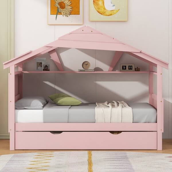 slide 2 of 15, Twin Platform Bed House Shaped Wood Bed Frame with Trundle - Pink Pink - Twin
