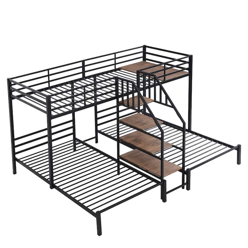 Metal Twin over Twin & Twin Bunk Bed with Storage Shelves Staircase, Triple Bunk Bed Frame, No Box Spring Needed for Kids