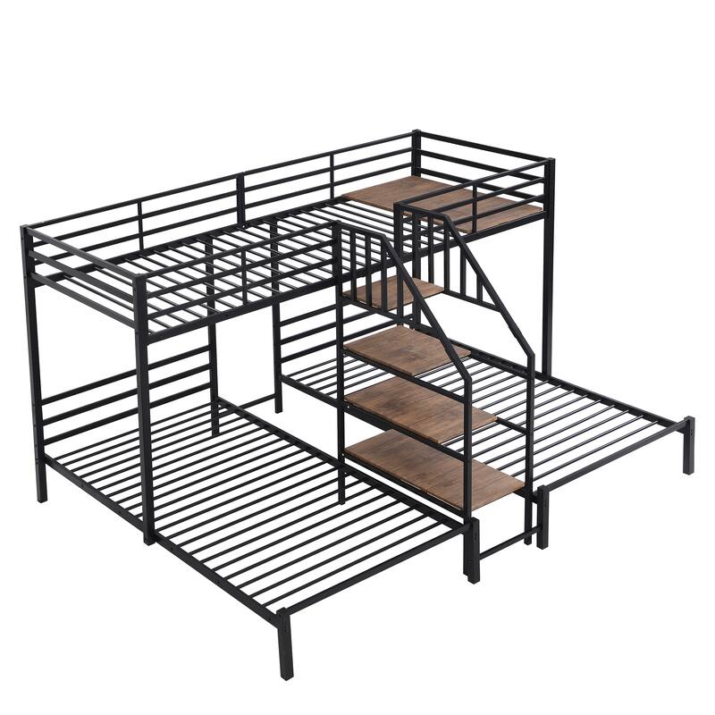Triple Bunk Bed for Kids, Metal Twin Over Twin & Twin Bunk Bed with Staircase and Storage Shelves, Space-Saving Design