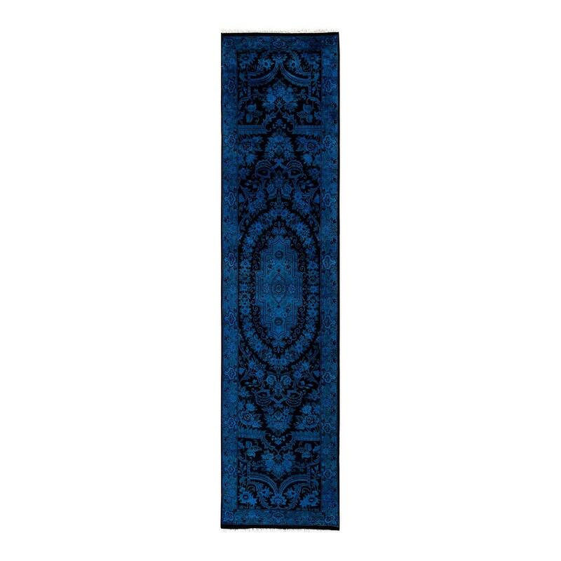 Overton Hand Knotted Wool Vintage Inspired Modern Contemporary Overdyed Blue Runner Rug - 2' 7" x 10' 5"