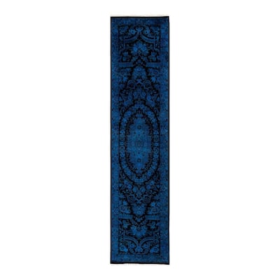 Overton Hand Knotted Wool Vintage Inspired Modern Contemporary Overdyed Blue Runner Rug - 2' 7" x 10' 5"