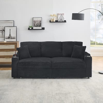 80"Corduroy Sofa With Cup Holder