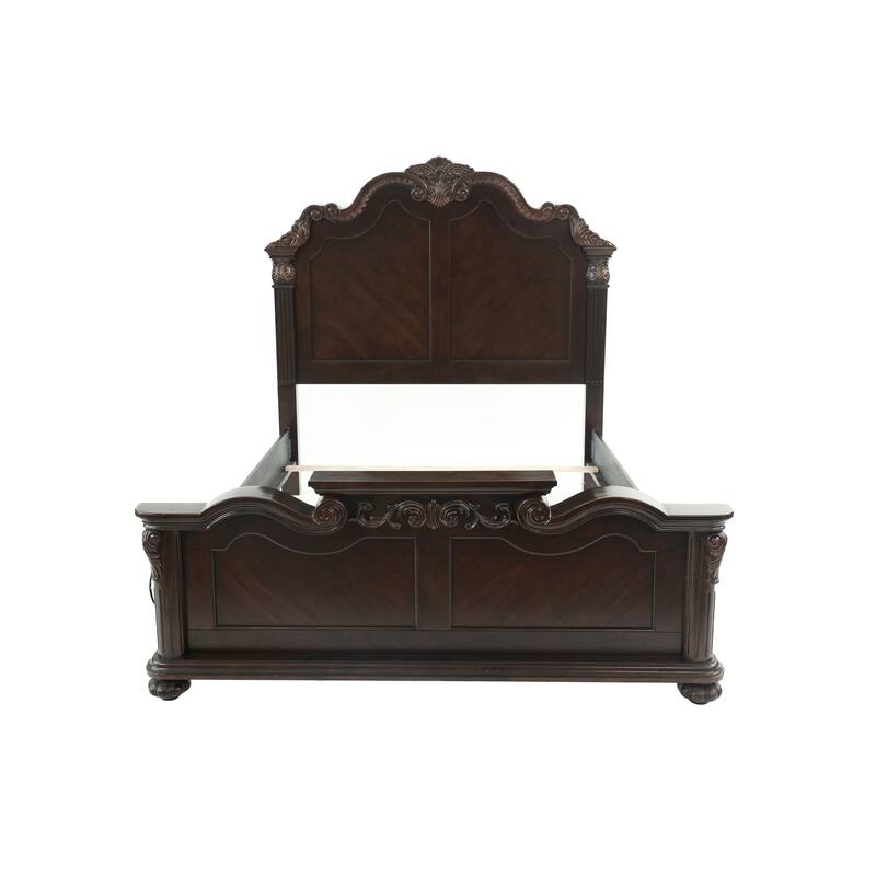Traditional Style 1pc Bed Set Scalloped Crown Carved Detail Dark Cherry Finish