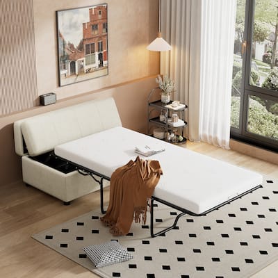Twin Size Folding Ottoman Sleeper Bed with Mattress, White, Chenille