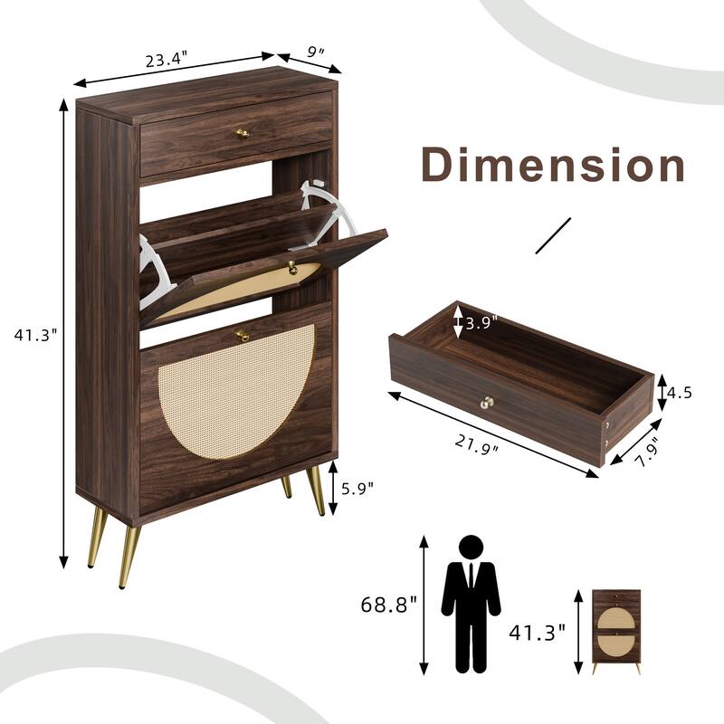 Futzca Shoe Cabinet Rattan, Shoe Storage Cabinet with 2 Flip Drawers
