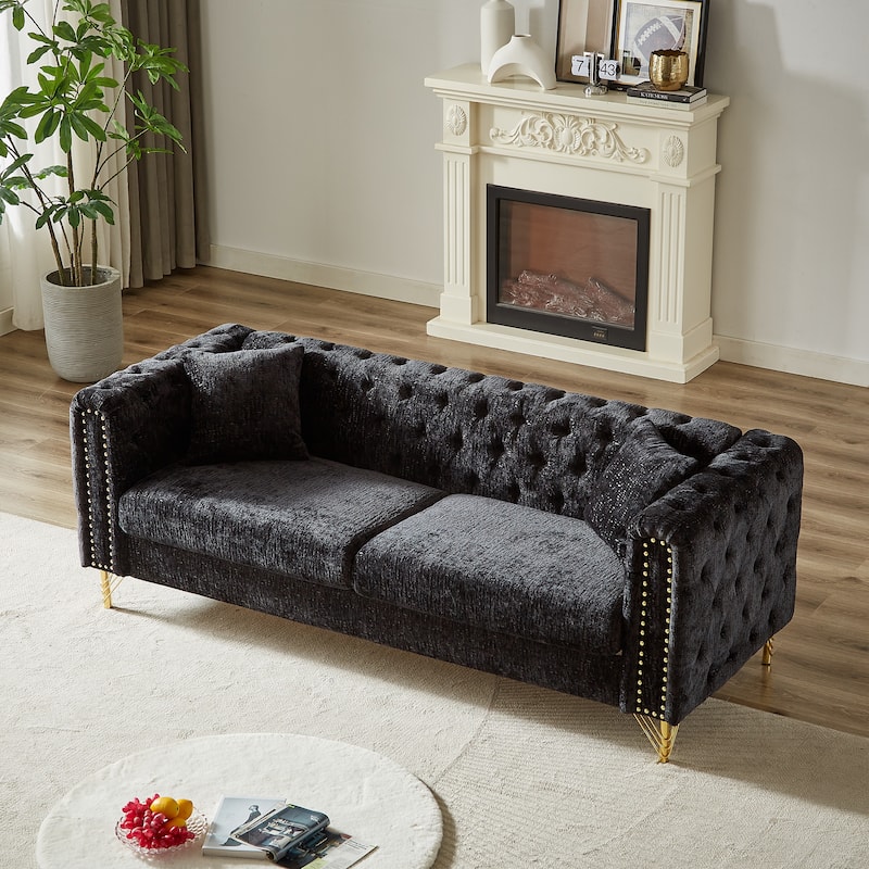 Black Chenille Tufted Upholstered 3-seater Sofa with Metal Legs