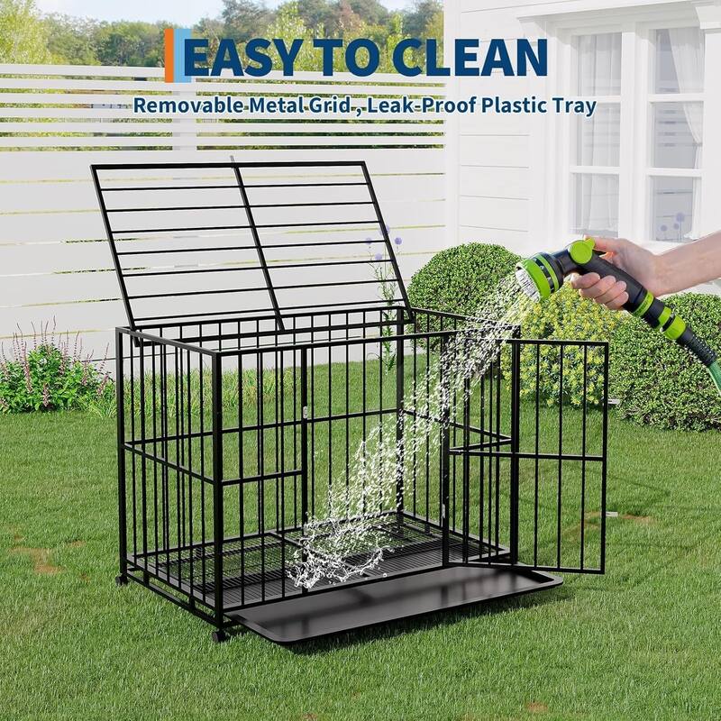 Heavy Duty Foldable Steel Dog Crate Chew-Resistant Kennel with Locking Wheels