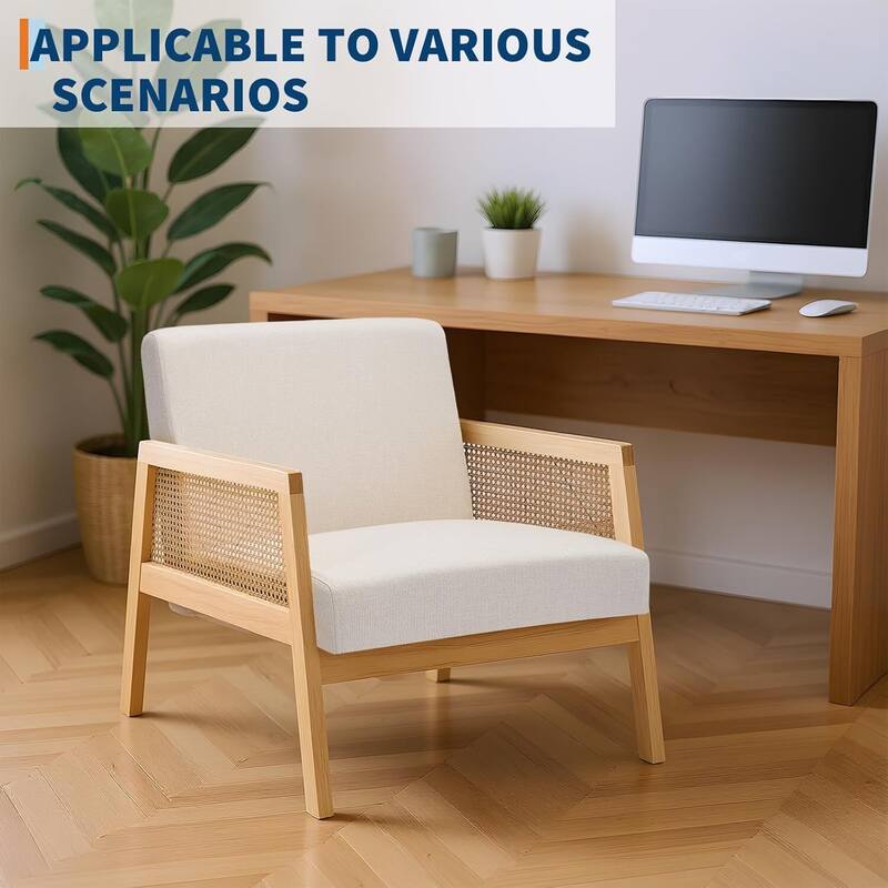 Set of 2 Rattan Armchairs with Thick Cushions for Bedroom, Reading Nook