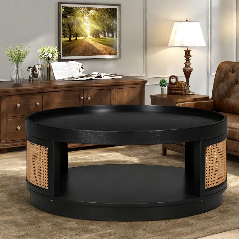 36.8" Solid Wood Round Coffee Table with Storage Shelf and PE Rattan Sides - Black