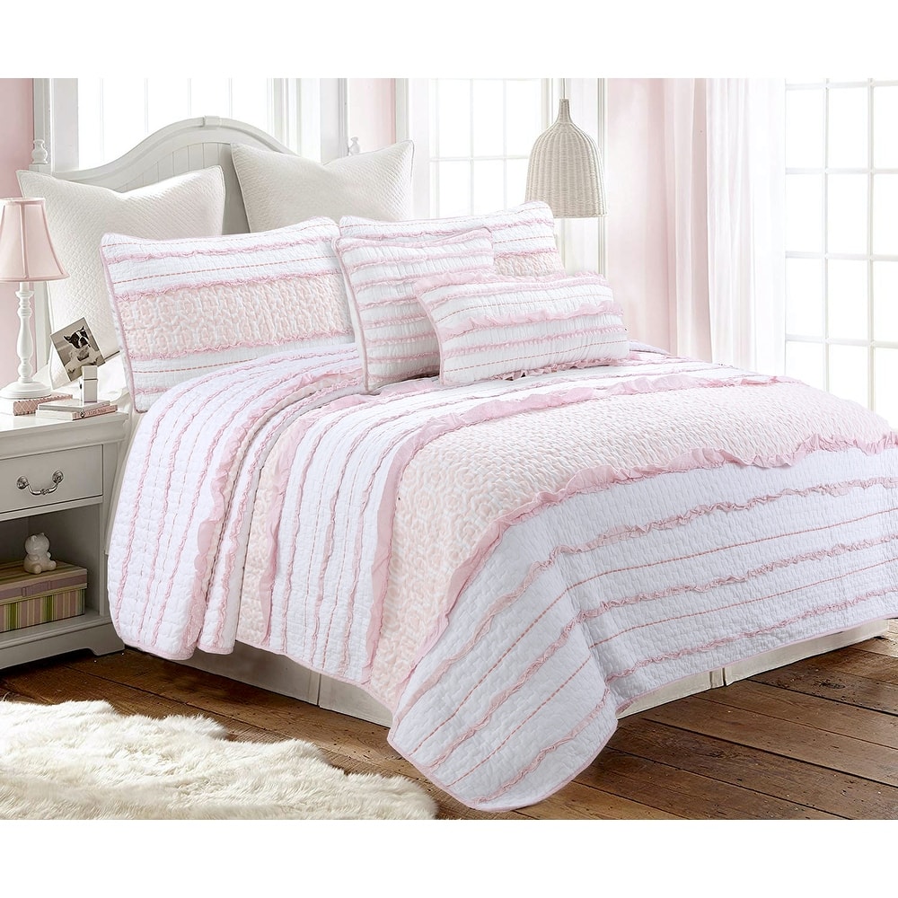 Cozy Line Pretty in Pink Girly Ruffle Pink Cotton Quilt Bedding Set with 2 Throw Pillows