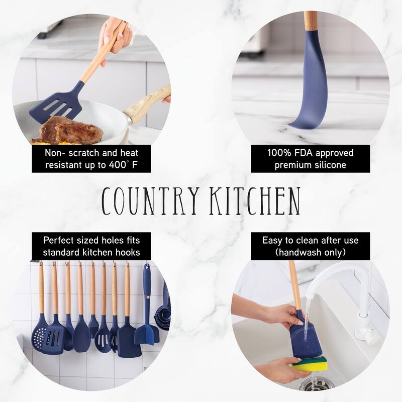 Country Kitchen Non Stick Silicone Utensil Set with Rounded Wood Handles for Cooking and Baking, 38 Piece Set