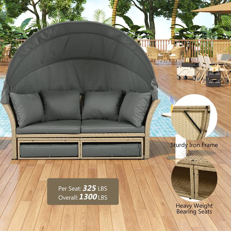 Outdoor Wicker Rattan Double Daybed with Canopy & 4 Pillows